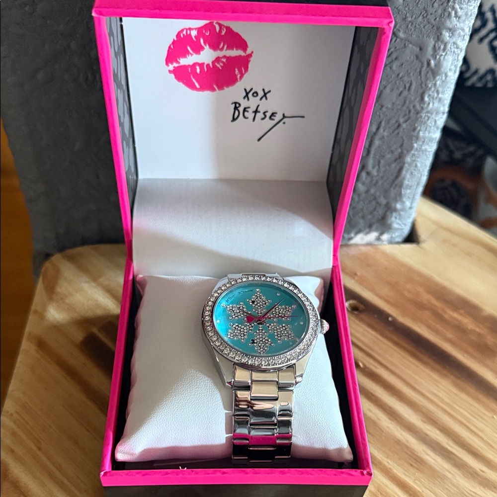 Betsey Johnson Snowflake Crystal Watch – Silver Tone with Turquoise Face